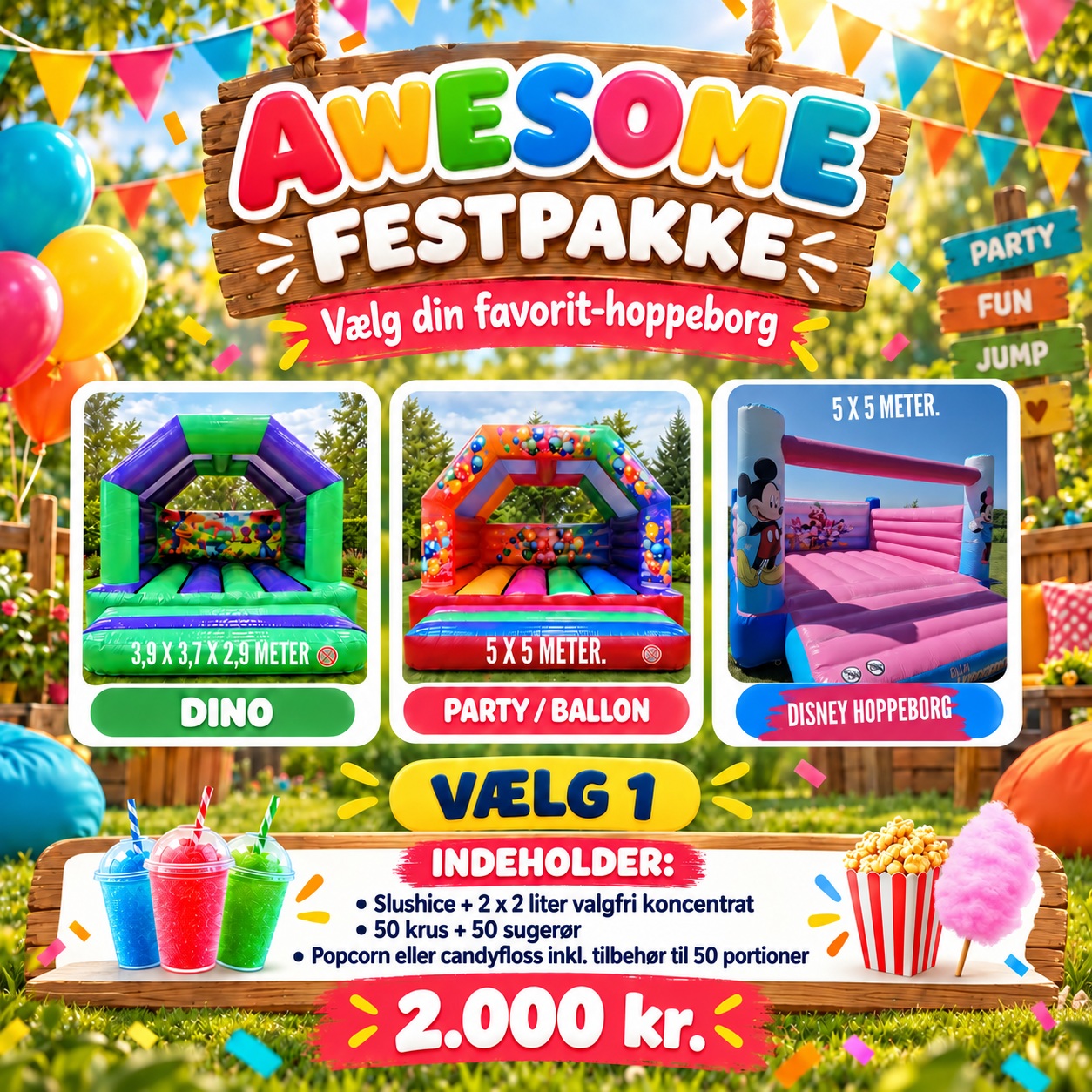 Awesome Festpakke til 2.000 kr.: vælg Dino, Party / Ballon eller Disney, med slushice og popcorn eller candyfloss.