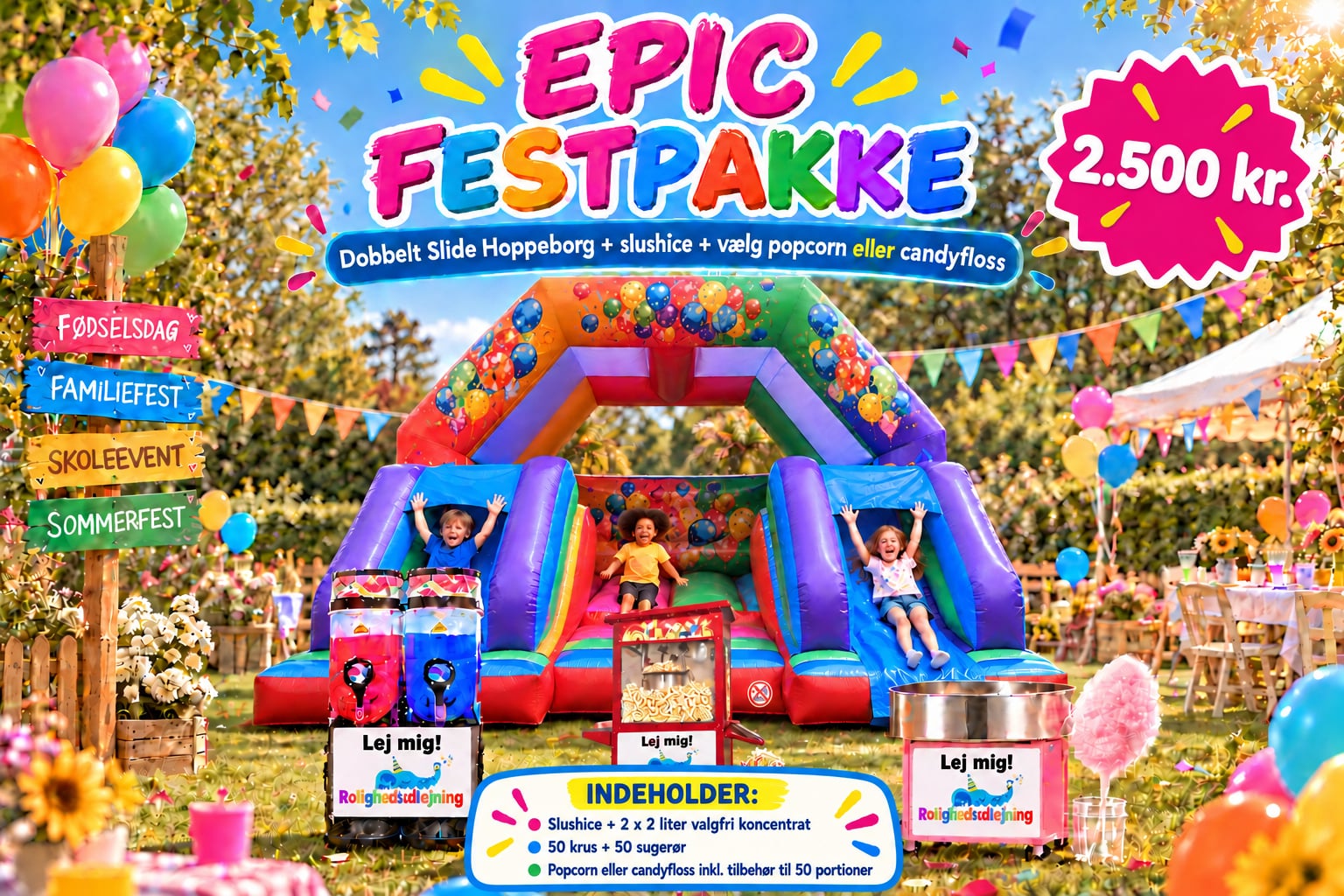 Epic Festpakke til 2.500 kr. med Party Dobbelt Slide, slushice og popcorn eller candyfloss
