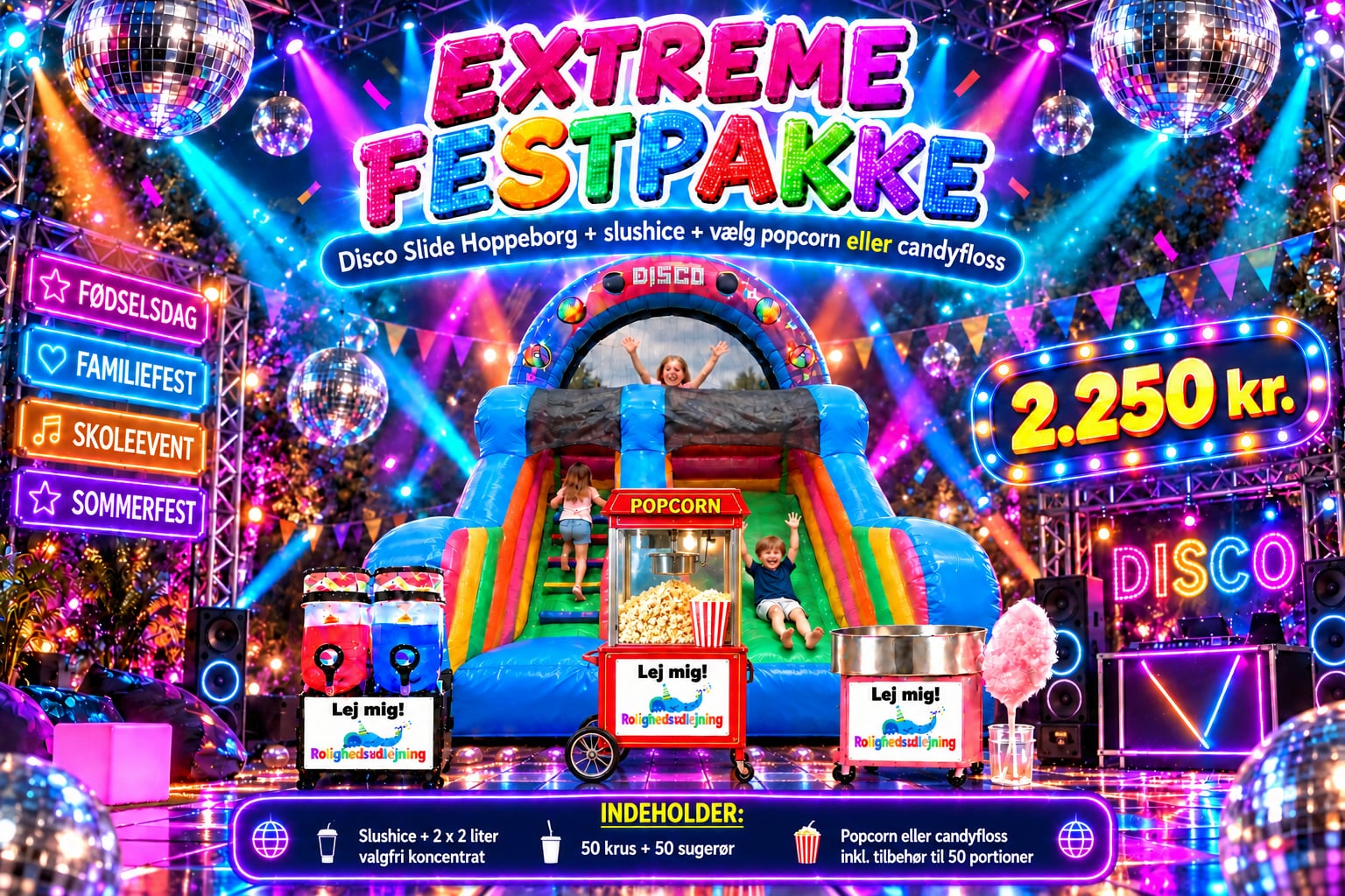 Extreme Festpakke til 2.250 kr. med Disco Slide, slushice og popcorn eller candyfloss